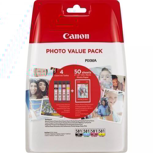 Canon CLI581 Pacote com 4 cartuchos de tinta originais - 50 folhas de papel fotográfico - 2106C005 - Canon 2106C005