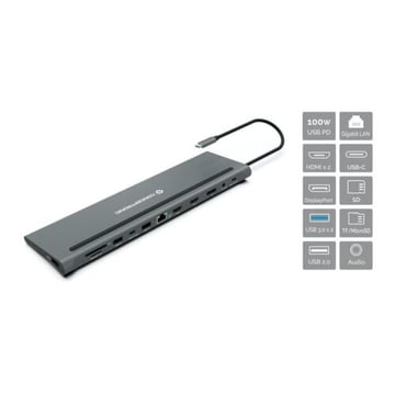 Estação de ancoragem USB-C 12 em 1 da Conceptronic com 2x HDMI, 1x USB-C PD, 1x DisplayPort, 1x Gigabit LAN, 2x USB-A 3.0, 1x USB-A 2.0, 1x USB-C Data, 1x SD, 1x TF/MicroSD, 1x Áudio - Conceptronic DONN17G