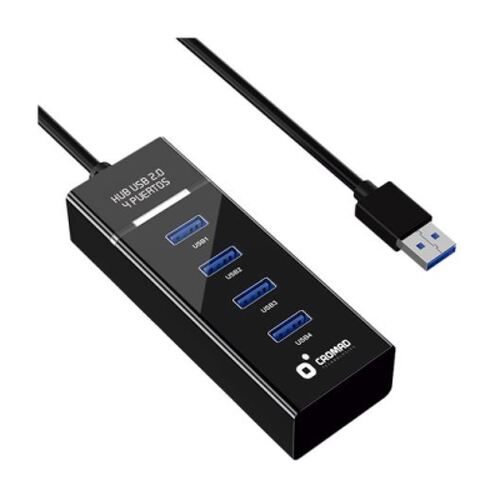 Cabo USB 2.0 Cromad - Comprimento 30cm - Indicador LED - Taxa de transferência 480 Mbps - 4 Portas - Sem Instalação - Compatível com todos os Sistemas Operativos - Cor Preto - Cromad CR1118
