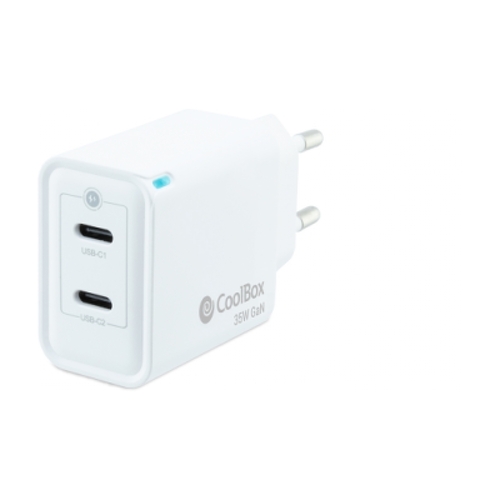 Carregador de parede Coolbox GaN 35W USB-C/USB-C Fast Charge - Compacto - Tecnologia GaN - Porta dupla USB-C - Cor branca - Coolbox 298422
