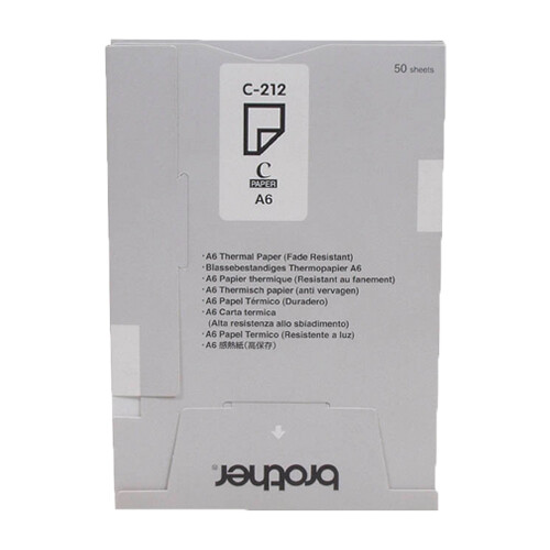 Papel Térmico Tamanho A6 Resistente à descoloração. 1 Caixa de 20 Blocos de 50 folhas cada um - Brother C212S