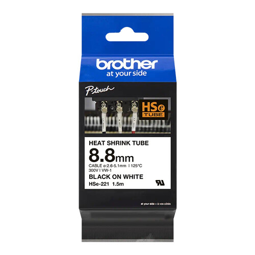 Fita tubo termo retrátil. Texto preto sobre fundo branco. Largura: 8,8 mm. Comprimento: 1,5 m Cabo recomendado: Ø 2,6mm a 5,1mm - Brother HSE221