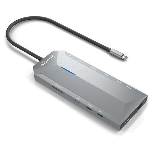 Base de ligação USB-C 12 em 1 da Aisens - USB-C para 2xHDMI - 1xRJ45 - 3xUSB-A - 2xUSB-C - 1xUSB-C PD - 1xÁudio - 1xSD - 1xMicro SD - 15 cm - Cor cinzenta - Aisens 236382