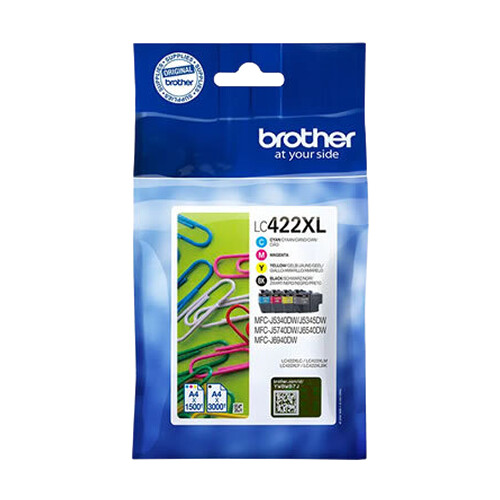Pack 4 tinteiros XL originais Brother de tinta (BK/CM/Y) Duração estimada: até 3.000 pág/preto e 1.500 pág/cada cor (ISO/IEC 24711) - Brother LC422XLVAL