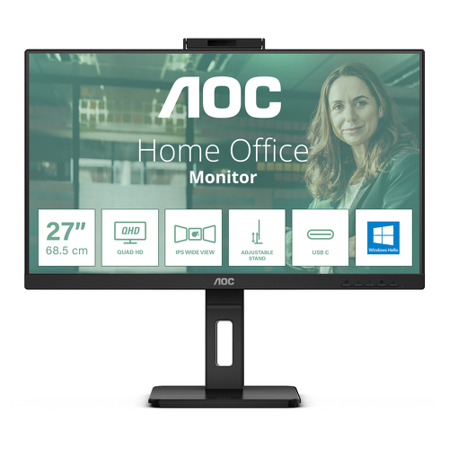AOC MONITOR IPS 27" QHD 4MS 75HZ HDMI DP USB-C COLUNAS WEBCAM HAS Q27P3CW - AOC Q27P3CW