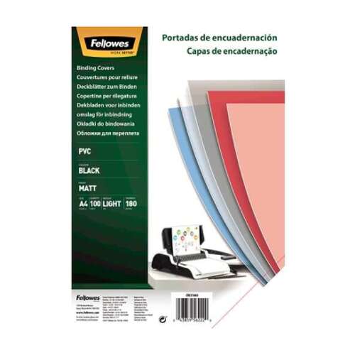 Conjunto de 100 capas de encadernação em PVC A4 da Fellowes - 180 microns - Acabamento de qualidade - Preto - Fellowes 5100301