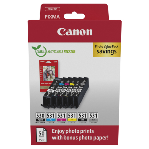 PGI-530/CLI-531 PGBK/C/M/Y/BK/GY PHOTO VALUE - 4x6 Phot Paper(PP-201 50sheets) + Cyan, Magenta, Yellow, Gray & Pigment and Photo Black ink tanks - Canon 6117C004