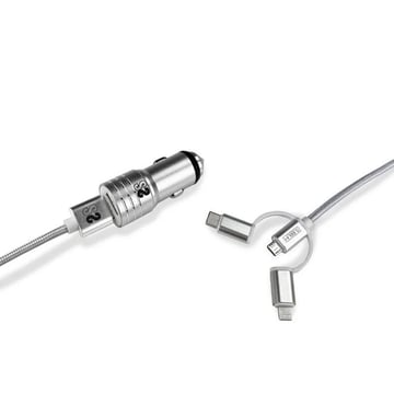 Carregador duplo USB para automóvel Subblim - Comprimento 1m - Carregamento rápido até 2.400Amp&#47;12W - Exterior em fibra de nylon durável - Cor prata - Subblim 234502