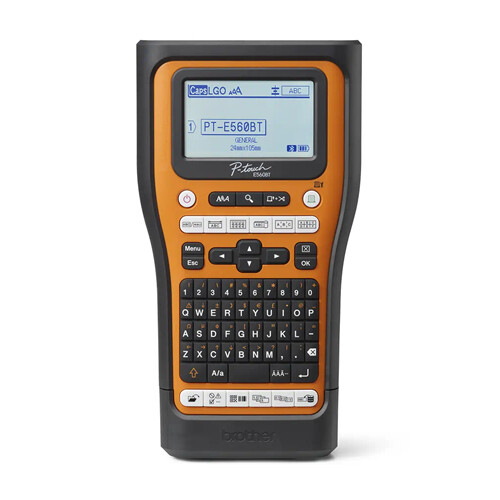 Impressora de etiquetas eletrónica Bluetooth Brother PT-E560BTSP - Ligação ao PC - Ecrã LCD - Largura máx. da fita 18 mm - Velocidade de impressão 30 mm/s - Cor Preto/Laranja - Brother 289837