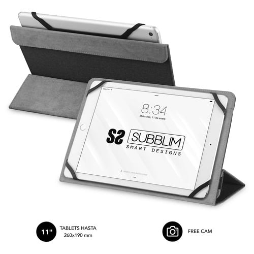 Capa para Tablet Subblim Freecam - Design Universal até 11" - Sistema de fixação de silicone - Interior macio e aveludado - Fecho seguro com elástico - Cor Preto/Cinza - Subblim 234057