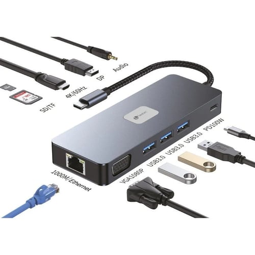 Adaptador USB-C Leotec 11 em 1 Plus para 1xDisplayPort, 1xHDMI, 1xVGA, 1xRJ45, 3xUSB-A 3.2, 1xUSB-C PD, 1xTF+1xSD, 1x Áudio - Cinzento - Leotec 269132