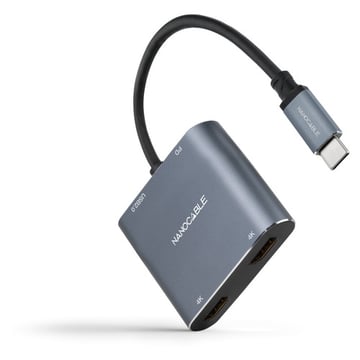 Conversor Nanocable USB-C para 2x HDMI, 1x USB 2.0 e 1x USB-C PD - Comprimento do cabo 15cm - Cinzento - Nanocable 10.16.4305