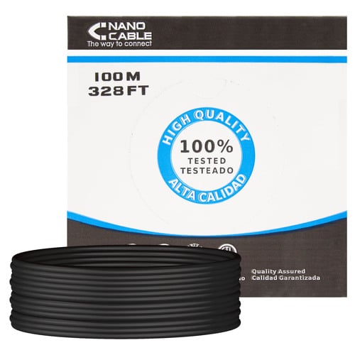 Carretel nanocabo de cabo de rede rígido à prova d'água para exterior RJ45 Cat.6 UTP AWG24 100m - Cor preta - Nanocable 10.20.0502-EXT-BK