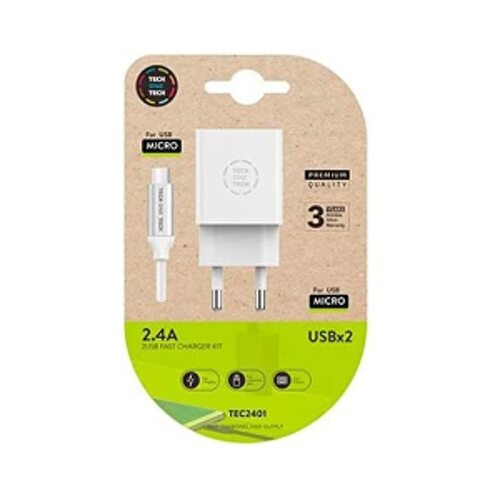 TechOneTech Carregador de Parede Duplo + Cabo USB-A para Micro-USB 2.4 1m - Revestido com entrançado de nylon - TechOneTech 144334