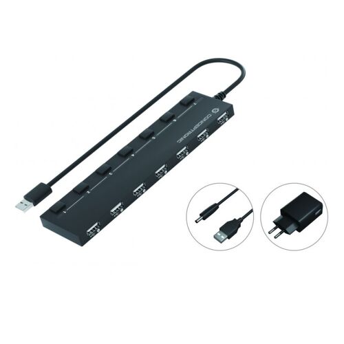 Hub USB-A 2.0 da Conceptronic com 7x USB-A 2.0 - Interruptores de alimentação individuais - Base magnética - Adaptador de alimentação incluído - Conceptronic HUBBIES08BP