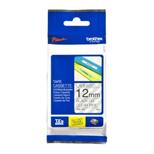 Fita laminada. Texto preto sobre fundo transparente. Largura: 12 mm. Comprimento: 8 m - Brother TZe131