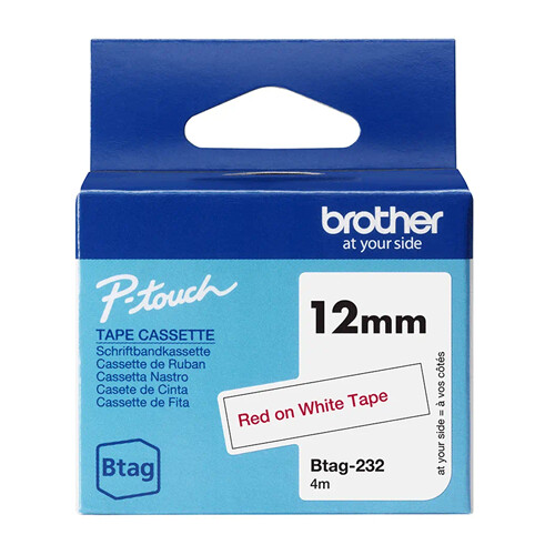 Fita Btag-232, 12mm, vermelho sobre branco - Brother BTAG-232