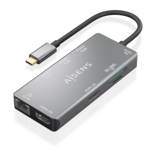 Base de ligação USB-C 9 em 1 da Aisens - USB-C para 2xHDMI - 1xRJ45 - 2xUSB-A USB3.0 - 1xUSB-A USB2.0 - 1xUSB-C PD - 1xSD - 1xMicro SD - 15 cm - Cor cinzenta - Aisens 294342