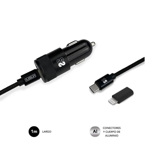 Subblim PD20W+QC3.0+C Carregador duplo para automóvel para cabo C/Lightning - Carregamento rápido - 2 portas USB C + USB A - Cabo USB C reversível com adaptador Lightning - Potência máxima 20W - Preto - Subblim 234517