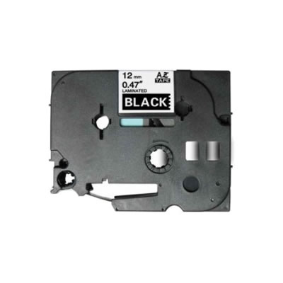 Fita laminada compatível com TZe-335. Texto branco sobre fundo preto. Largura: 12 mm. Comprimento: 8 m - TZe-335C (Compatível)