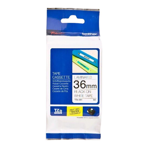 Fita laminada. Texto preto sobre fundo branco. Largura: 36 mm. Comprimento: 8 m - Brother TZe261