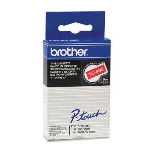 Fita laminada. Texto branco sobre fundo vermelho. Largura: 9 mm. Comprimento: 7,7 m - Brother TC495