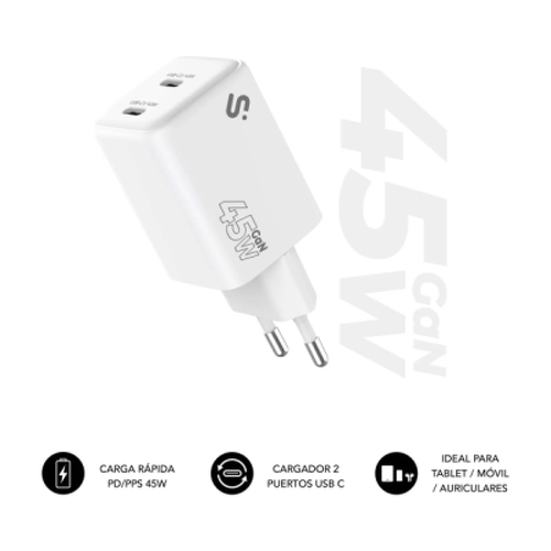 Carregador de parede Subblim GaN 45W - 2xUSB-C - Carregamento ultrarrápido - Cor branca - Subblim SUBCHG-6G4520