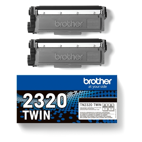 Pack de 2 toners pretos de alta capacidade. Duração estimada: 2.600 páginas cada toner segundo ISO/IEC 19752 - Brother TN2320TWIN