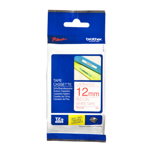 Fita laminada. Texto vermelho sobre fundo branco. Largura: 12 mm. Comprimento: 8 m - Brother TZe232