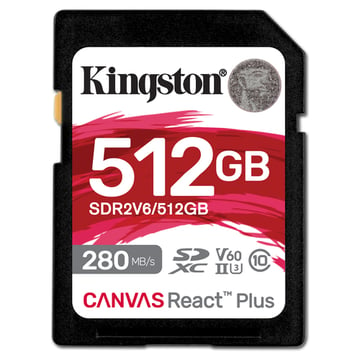 SD Kingston Canvas React Plus V6 512GB SDXC UHS-II U3 V60 280R/150W - Kingston SDR2V6/512GB