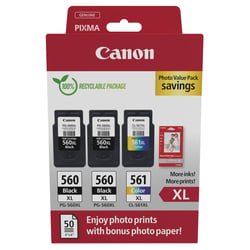 Canon PG-560XL/CL-561XL Conjunto de 3 Tinteiros Originais + Papel Fotográfico Brilhante GP-501 - 3712C012 - Canon 3712C012