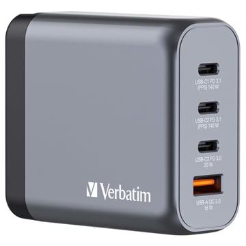 VERBATIM CARREGADOR GAN 140W 3x USB-C (140+140+20W) + 1xUSBA (18W) - Verbatim 32203