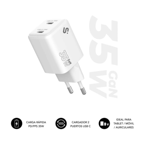 Carregador de parede Subblim GaN 35W - 2xUSB-C - Carregamento rápido - Cor branca - Subblim SUBCHG-6G3520
