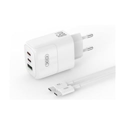 Carregador de parede universal XO XOL139 65W - Carregamento rápido - 2 USB-C, 1 USB-A - Cabo USB-C - Branco - XO XOL139TC