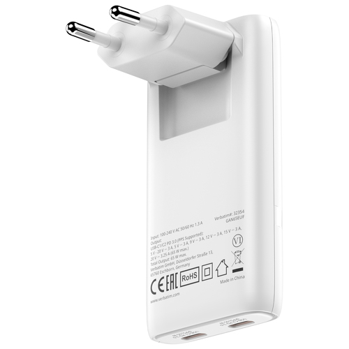VERBATIM CARREGADOR FOLD 65W 2xUSB-C WHITE - Verbatim 32355
