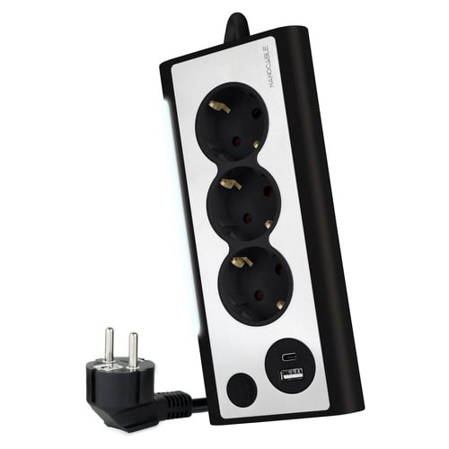 Power Strip Nanocable Desktop com 3x Shuckos, 1x USB-C e 1x USB-A - Iluminação LED com Interruptor - Cabo de 1,50m - Nanocable 10.37.0013-BK