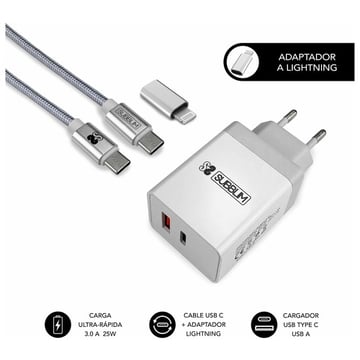 Carregador de parede Subblim 25W - 2 portas (USB C + USB A) - Carregamento ultrarrápido - Cabo USB C de alto desempenho - Exterior em fibra de nylon - Comprimento 1m - Cor Branco - Subblim 234492