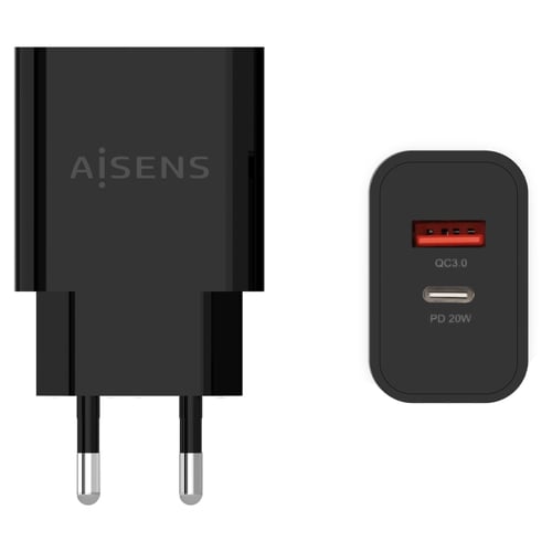 Aisens Cargador 20W - 1xUSB-C PD3.0 - 1xUSB-A QC3.0 - Color Negro - Aisens A110-0682