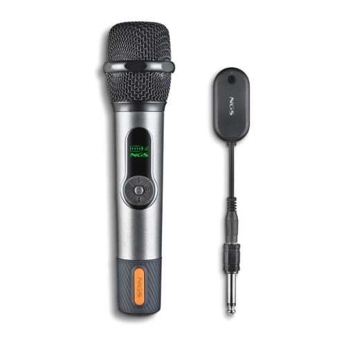 Microfone vocal sem fio NGS SingerStar - Tipo dinâmico - Som potente e nítido - Entrada de 3,5 mm e adaptador de 6,3 mm - Alcance de até 15 m - Duração da bateria de até 30 h - Preto - NGS SINGERSTAR