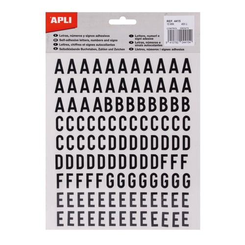 Apli Stickers Letras maiúsculas - Altura 15mm - Conjunto de 4 folhas com 468 letras - Preto - APLI 211546