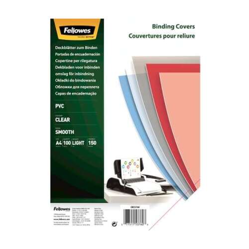 Fellowes Pack de 100 Portadas para Encuadernar de PVC A4 - 150 Micras - Muy Resistentes - Transparente - Fellowes 5376001