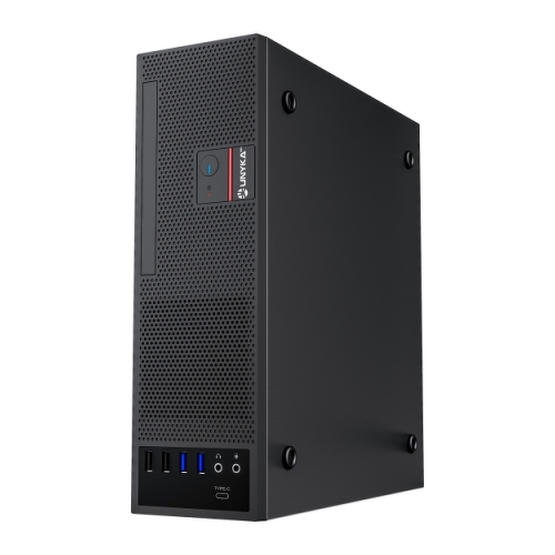 Unykach UK3006 Caixa MicroATX fina com fonte de alimentação de 150 W - Tamanho do disco suportado 2,5" - USB-A 2.0/3., USB-C e áudio - Ventoinha de 80 mm incluída - Cor preta - Unykach 303997
