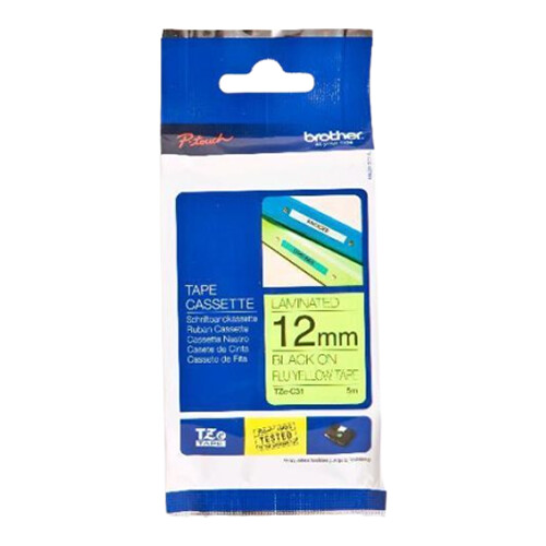 Fita laminada. Texto preto sobre fundo amarelo fluorescente. Largura: 12 mm. Comprimento: 5 m - Brother TZe-C31