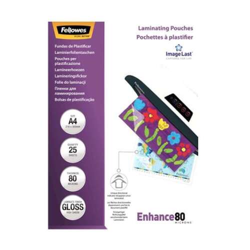 Fellowes Conjunto de 25 lâminas de plastificação brilhantes A4 - 80 microns - Alta qualidade - Transparente - Fellowes 5396205