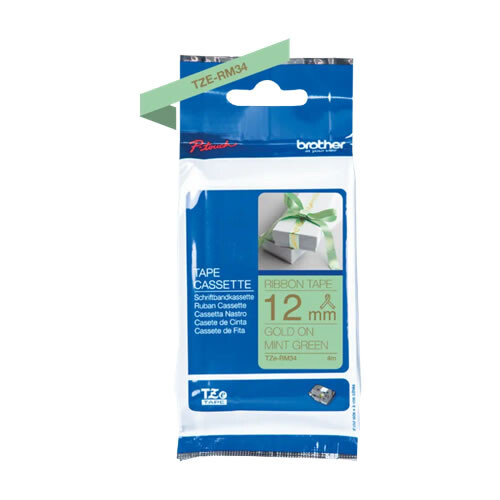 Fita acetinada não adesiva. Texto dourado sobre tecido verde menta. Largura: 12mm. Comprimento: 4m - Brother TZe-RM34