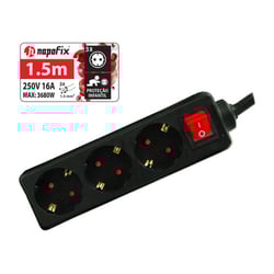 NAPOFIX EXTENSAO ELETRICA 3 TOMADAS 1.5M 3680W 16A 250V PRETO - Napofix EXT3INT/15P
