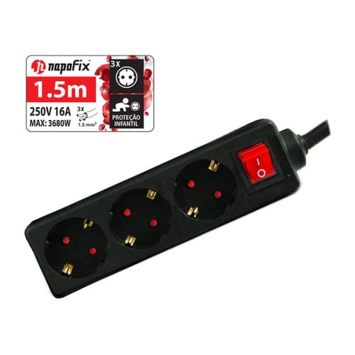 NAPOFIX EXTENSAO ELETRICA 3 TOMADAS 1.5M 3680W 16A 250V PRETO - Napofix EXT3INT/15P