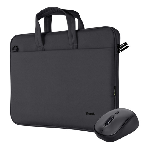 Mala para portátil de 16" ecológica + Rato sem fios silencioso - Design em material reciclado - Compacta e totalmente sem fios - Trust 250662
