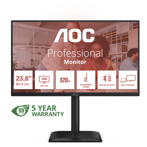 AOC MONITOR IPS 24" (23.8) FHD 120HZ HDMI DP USB-C COLUNAS HAS PIVOT 24E4CV - AOC 24E4CV