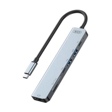 Concentrador USB XO Type-C - 1 HDMI - 2 USB - Leitor de cartões - 2 USB Type-C - Cabo de 15 cm - Cinzento - XO XO XO XOHUB008